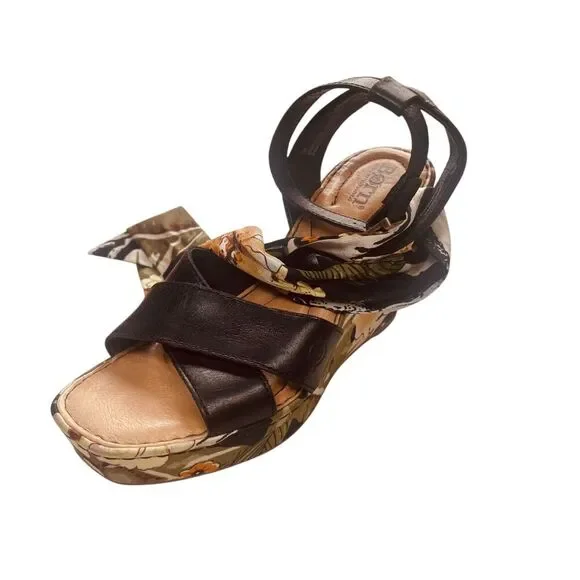 BORN Salton Wedge Sandal Black Leather Fabric Covered Heel - Picture 2 of 13